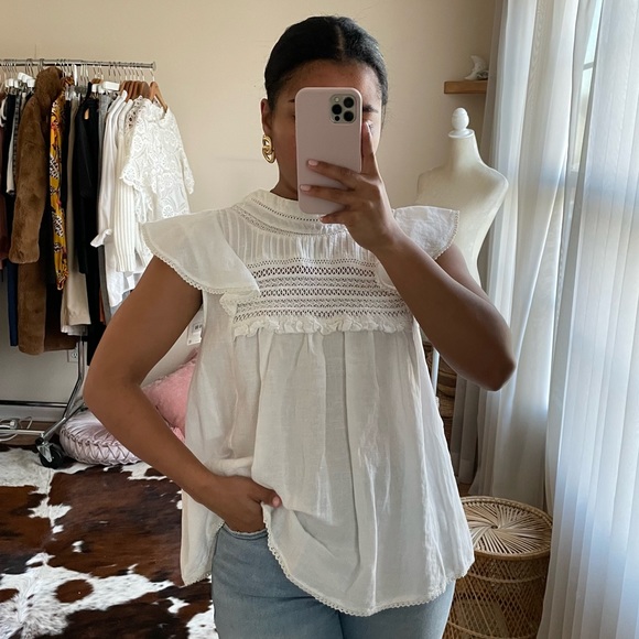 Zara Tops - Zara Eyelet Ruffle Linen Blend Top Size S